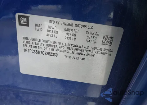 2012 Chevrolet Cruze Ls z USA, uszkodzony, nr VIN 1G1PC5SH7C7352339